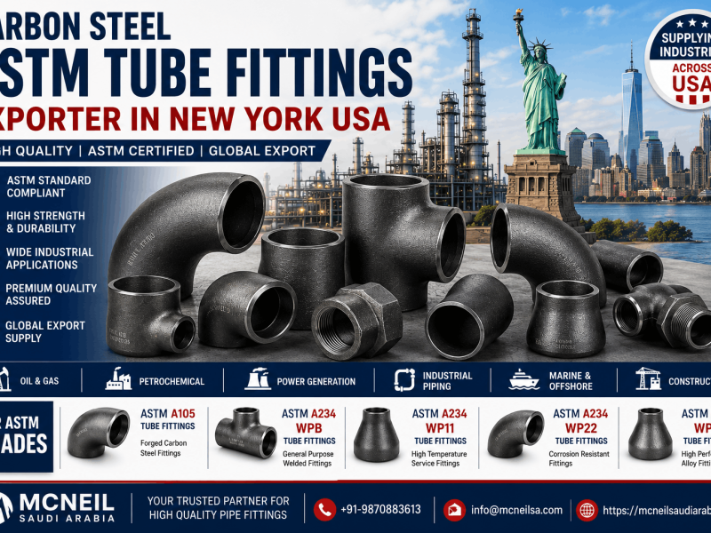 Carbon Steel ASTM Tube Fittings Exporter in New York USA showcasing A105, A234 WPB, WP11, WP22, and WP91 grades with industrial applications and contact details Mcneil Saudi Arabia