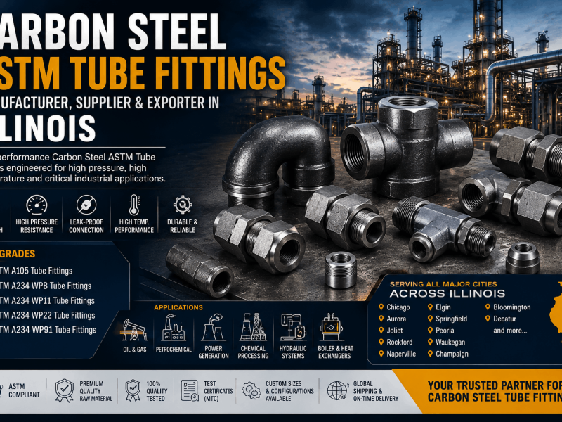 Carbon Steel ASTM Tube Fittings Manufacturer in Illinois supplying ASTM A105, A234 WPB, WP11, WP22, and WP91 tube fittings for oil & gas, petrochemical, power generation, and industrial applications.