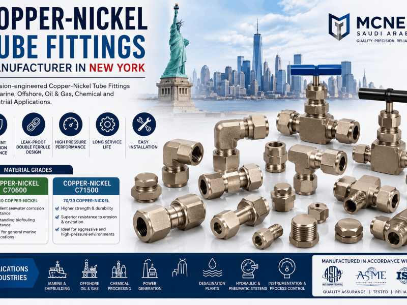 Copper-Nickel Tube Fittings Manufacturer in New York offering Copper-Nickel C70600 and C71500 compression, instrumentation, and double ferrule tube fittings for marine, offshore, oil & gas, and industrial applications.