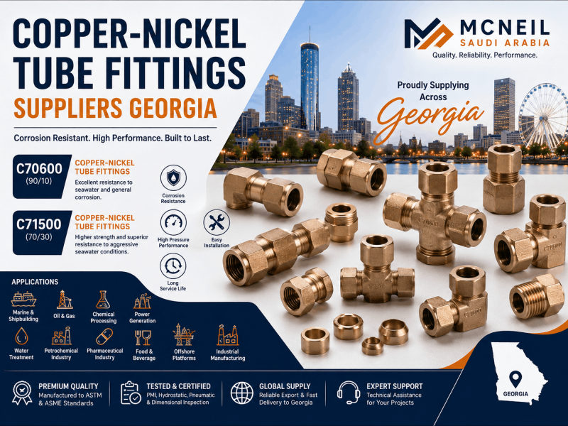 Copper-Nickel Tube Fittings Suppliers Georgia offering C70600 (90/10) and C71500 (70/30) compression, double ferrule, and instrumentation tube fittings for marine, oil & gas, chemical, and industrial applications.
