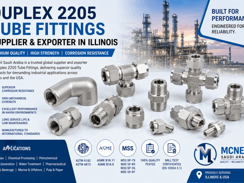 Duplex 2205 Tube Fittings Supplier & Exporter in Illinois offering ASTM A182 and ASTM A815 UNS S32205 stainless steel compression and instrumentation tube fittings for industrial applications.