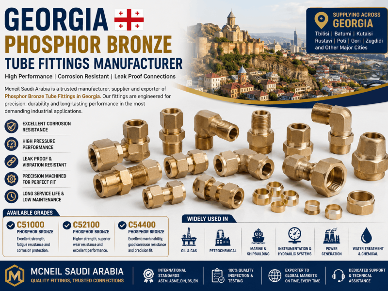 Georgia Phosphor Bronze Tube Fittings Manufacturer supplying C51000, C52100, and C54400 compression and instrumentation tube fittings for industrial applications.