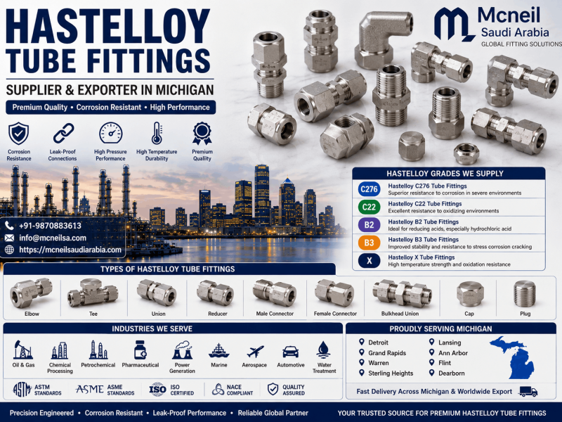 Hastelloy Tube Fittings Supplier & Exporter in Michigan offering Hastelloy C276, C22, B2, B3, and Hastelloy X compression and instrumentation tube fittings for industrial applications.