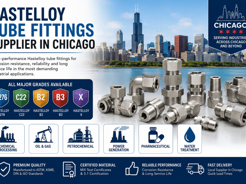 Hastelloy tube fittings supplier in Chicago offering C276, C22, B2, B3, and Hastelloy X corrosion-resistant tube fittings for industrial applications.
