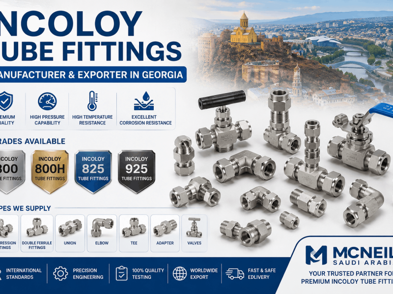 Premium Incoloy Tube Fittings Manufacturer & Exporter in Georgia offering Incoloy 800, 800H, 825, and 925 compression, double ferrule, and instrumentation tube fittings for industrial applications.