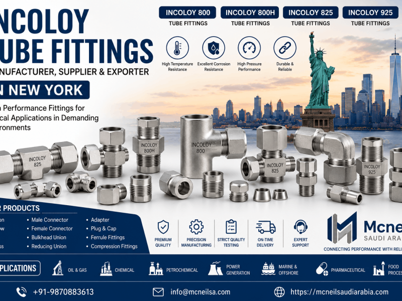 Incoloy Tube Fittings Manufacturer in New York supplying Incoloy 800, 800H, 825, and 925 compression and instrumentation tube fittings by Mcneil Saudi Arabia.