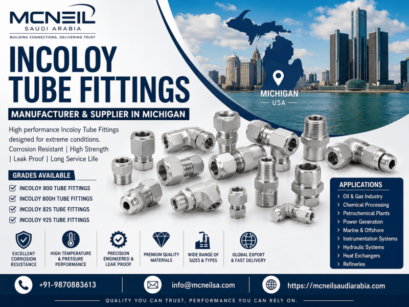 Incoloy Tube Fittings Manufacturer & Supplier in Michigan offering Incoloy 800, 800H, 825, and 925 compression, instrumentation, and double ferrule tube fittings for industrial applications.