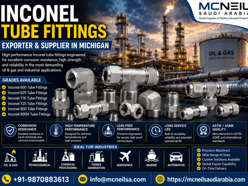 Inconel Tube Fittings Exporter Supplier in Michigan offering Inconel 600, 625, 718, 725, 800, and 800H tube fittings for oil & gas, petrochemical, and industrial applications.