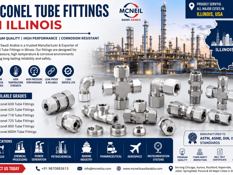 Inconel Tube Fittings Manufacturer & Exporter in Illinois offering Inconel 600, 625, 718, 725, 800, and 800H compression and instrumentation tube fittings for industrial applications.