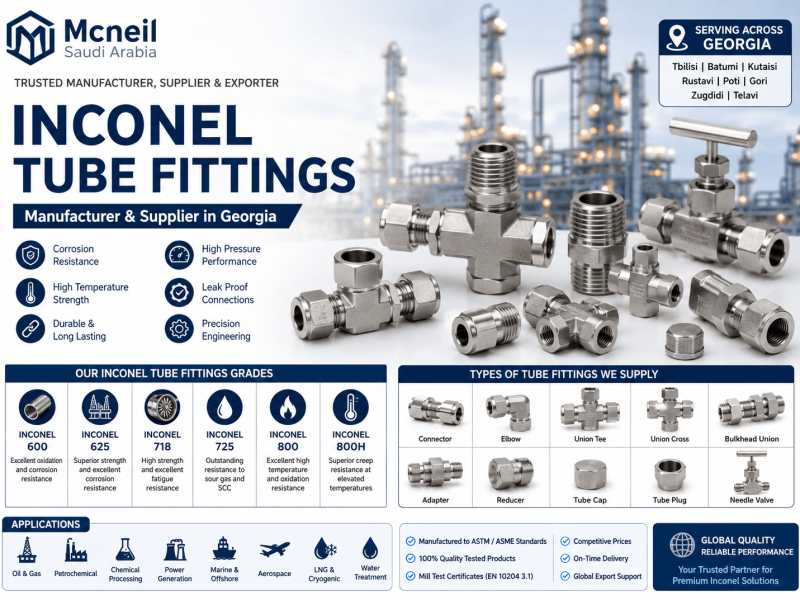 Inconel Tube Fittings Manufacturer & Supplier in Georgia offering Inconel 600, 625, 718, 725, 800, and 800H compression tube fittings for oil & gas, petrochemical, and industrial applications.