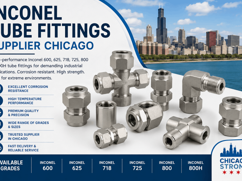 Inconel tube fittings supplier in Chicago offering Inconel 600, 625, 718, 725, 800, and 800H tube fittings for industrial applications.