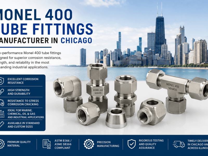 Monel 400 tube fittings manufacturer in Chicago supplying elbows, tees, unions, couplings, and compression fittings for industrial applications