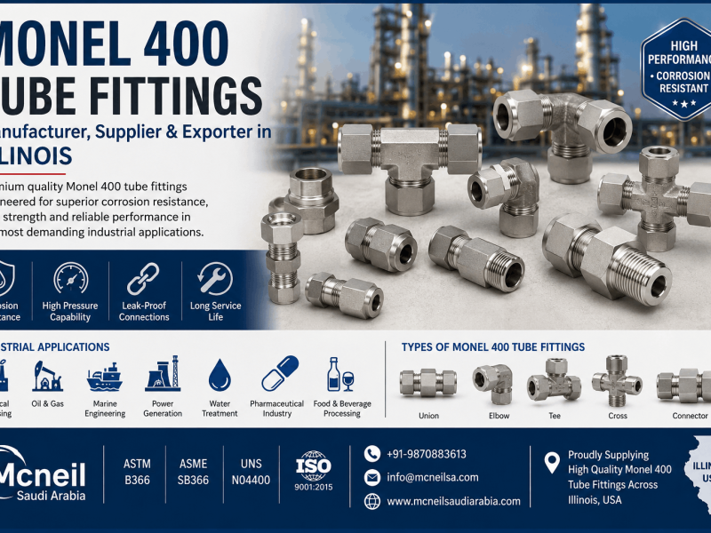 Monel 400 Tube Fittings Manufacturer in Illinois supplying ASTM B366 UNS N04400 compression, double ferrule, union, elbow, tee, and instrumentation tube fittings for industrial applications.