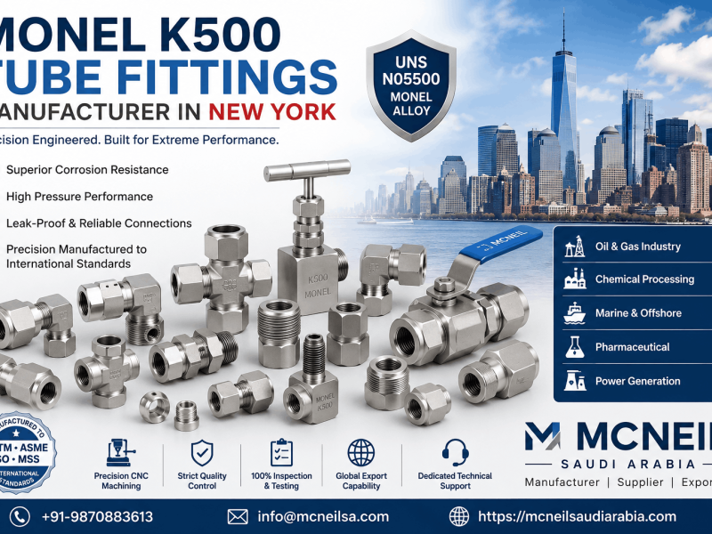 Monel K500 Tube Fittings Manufacturer in New York supplying UNS N05500 compression, instrumentation, double ferrule tube fittings, valves, and adapters by Mcneil Saudi Arabia.