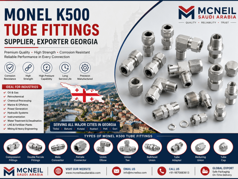 Monel K500 Tube Fittings Supplier and Exporter in Georgia offering premium compression, double ferrule, and instrumentation tube fittings for oil & gas, marine, and petrochemical industries.