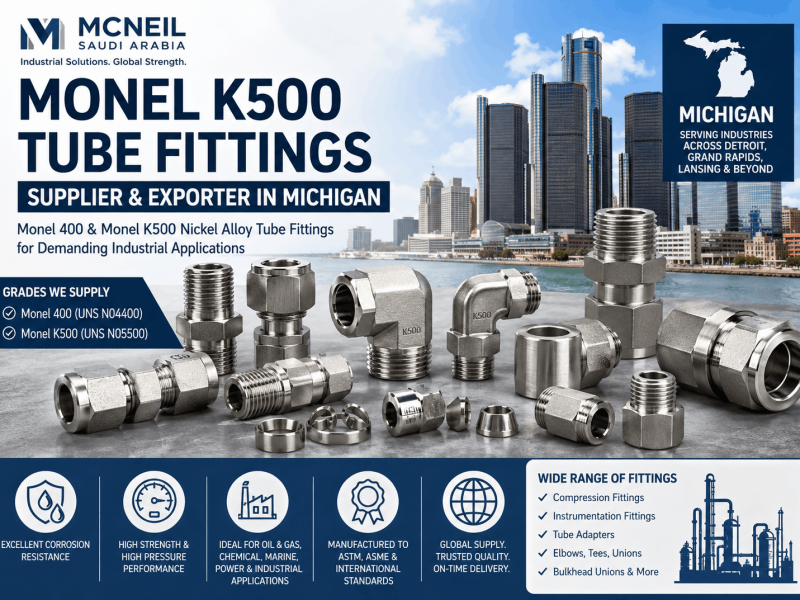 Monel K500 Tube Fittings Supplier Michigan offering Monel 400 and K500 nickel alloy tube fittings for oil and gas, marine, and chemical industries