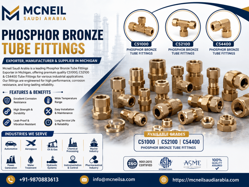 Phosphor Bronze Tube Fittings Exporter in Michigan offering C51000, C52100, and C54400 compression and instrumentation tube fittings by Mcneil Saudi Arabia.
