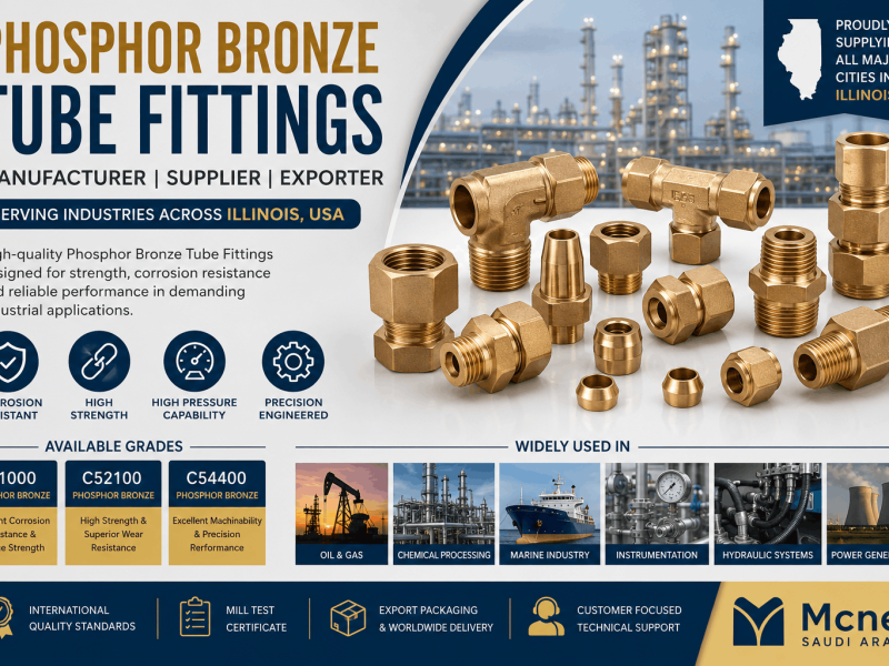 Phosphor Bronze Tube Fittings Manufacturer in Illinois supplying C51000, C52100, and C54400 grade compression, instrumentation, and ferrule tube fittings for industrial applications.