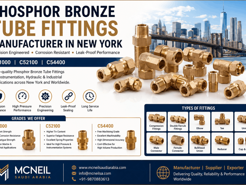 Phosphor Bronze Tube Fittings Manufacturer in New York offering C51000, C52100, and C54400 compression, double ferrule, and instrumentation tube fittings for industrial applications.