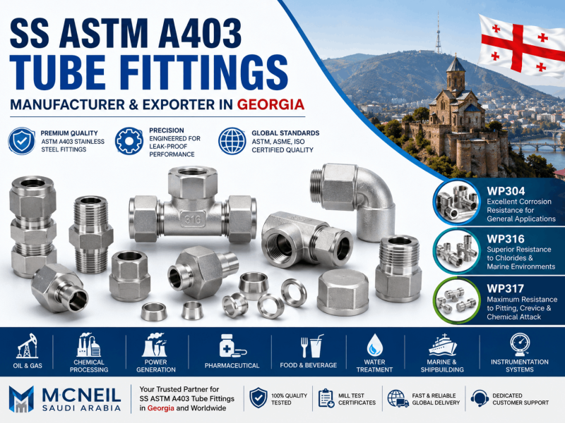 SS ASTM A403 Tube Fittings Manufacturer in Georgia supplying Stainless Steel ASTM A403 WP304, WP316, and WP317 tube fittings for oil & gas, chemical, marine, and industrial applications.