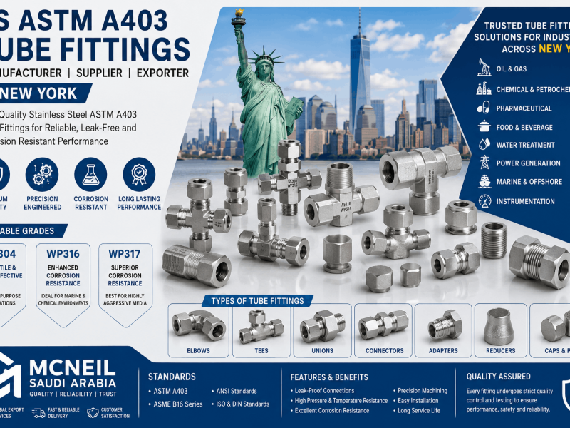 SS ASTM A403 Tube Fittings Manufacturer in New York supplying Stainless Steel ASTM A403 WP304, WP316, and WP317 tube fittings including compression, double ferrule, elbows, tees, unions, and connectors.