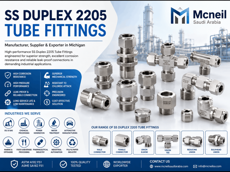 SS Duplex 2205 Tube Fittings Manufacturer Michigan offering high-quality compression, instrumentation, and double ferrule tube fittings for industrial applications.