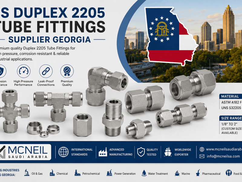 SS Duplex 2205 Tube Fittings Supplier in Georgia offering ASTM A182 F51 and UNS S32205 compression tube fittings for oil & gas, chemical, marine, and industrial applications.