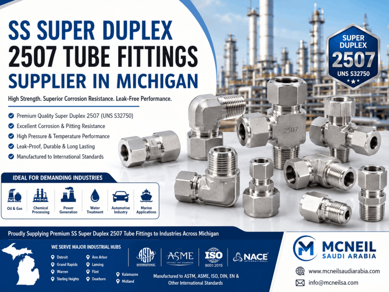SS Super Duplex 2507 Tube Fittings Supplier in Michigan offering high-pressure instrumentation and compression tube fittings for oil & gas, chemical, automotive, and power industries.
