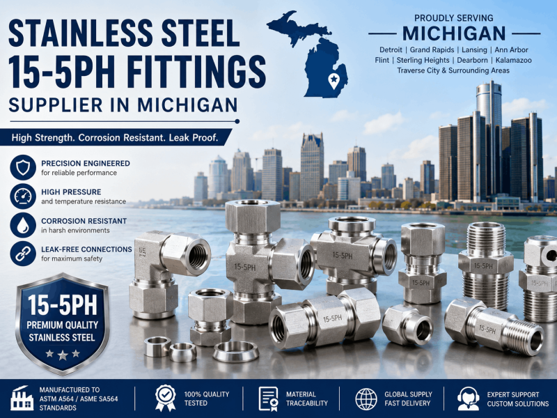 Stainless Steel 15-5PH tube fittings supplier in Michigan offering high-strength compression and instrumentation fittings for automotive, aerospace, chemical, and industrial applications.
