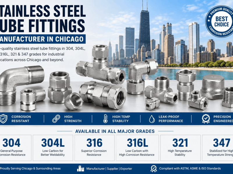 Stainless steel tube fittings manufacturer in Chicago supplying 304, 304L, 316, 316L, 321 and 347 grade industrial tube fittings.