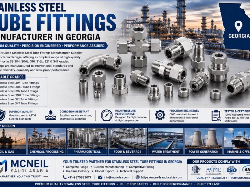 Stainless Steel Tube Fittings Manufacturer in Georgia supplying SS 304, 304L, 316, 316L, 321 and 347 compression and instrumentation tube fittings for industrial applications.
