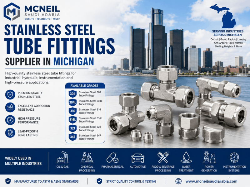 Stainless Steel Tube Fittings Supplier in Michigan offering SS 304, 304L, 316, 316L, 321, and 347 compression tube fittings for industrial, instrumentation, hydraulic, and high-pressure applications.