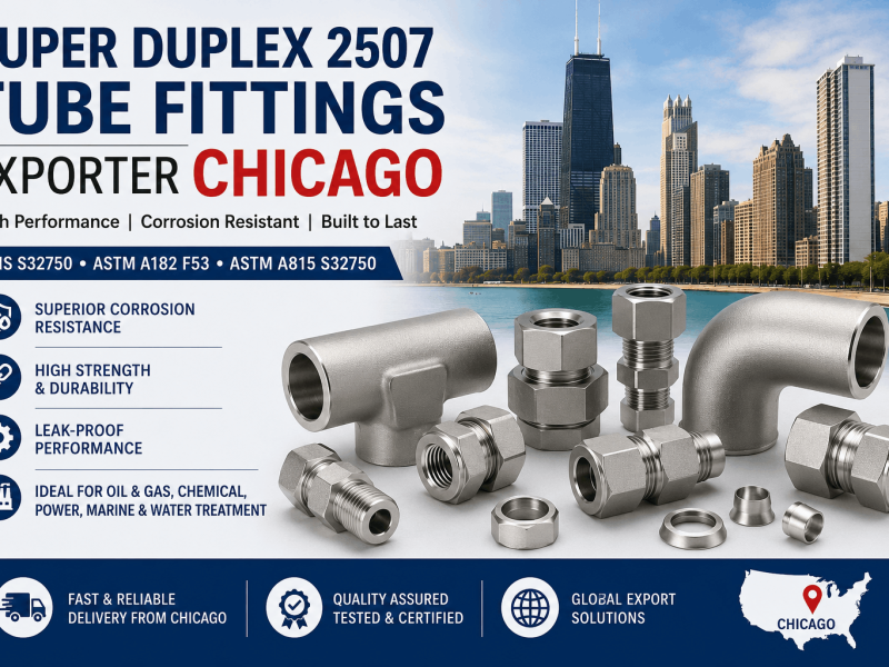 Super Duplex 2507 tube fittings exporter in Chicago displaying stainless steel compression fittings, elbows, tees, and instrumentation fittings.