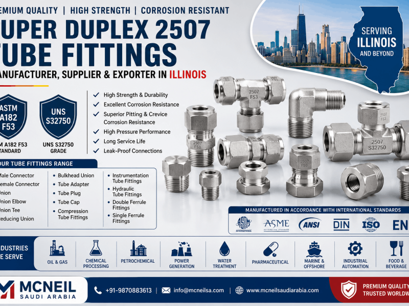 Super Duplex 2507 Tube Fittings Manufacturer in Illinois offering ASTM A182 F53 and UNS S32750 compression, instrumentation, hydraulic, and ferrule tube fittings.