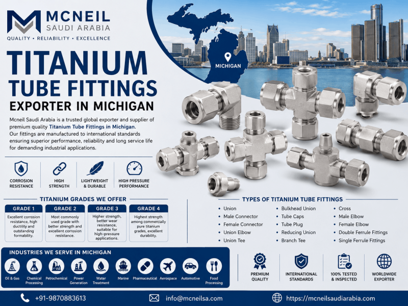 Titanium Tube Fittings Exporter in Michigan supplying Titanium Grade 1, Grade 2, Grade 3, and Grade 4 tube fittings for instrumentation, hydraulic, chemical, marine, and industrial applications.
