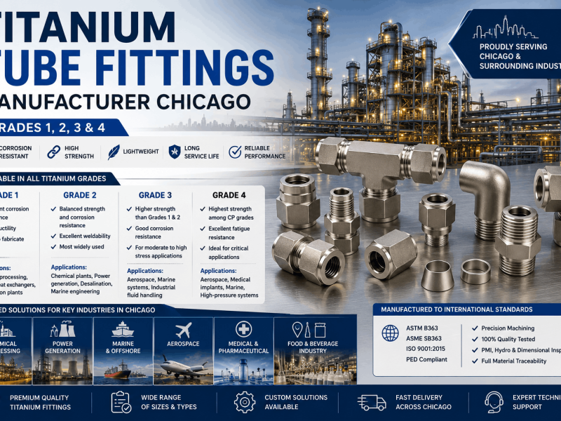 Titanium tube fittings manufacturer in Chicago showing industrial Grade 1, Grade 2, Grade 3, and Grade 4 fittings for chemical processing, power generation, marine, aerospace, and medical applications.