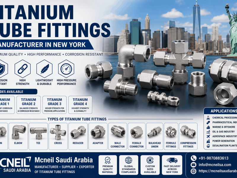 Titanium Tube Fittings Manufacturer in New York supplying Grade 1, Grade 2, Grade 3, and Grade 4 titanium compression and instrumentation tube fittings for industrial applications