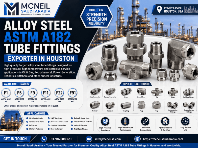 Alloy Steel ASTM A182 F1 F5 F9 F11 F22 F91 Tube Fittings Exporter, Manufacturer and Supplier in Houston