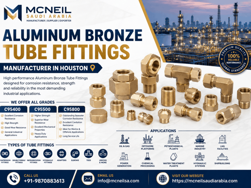Aluminum Bronze Tube Fittings Manufacturer in Houston offering C95400, C95500 and C95800 compression, instrumentation and double ferrule tube fittings for oil & gas, marine and offshore industries.
