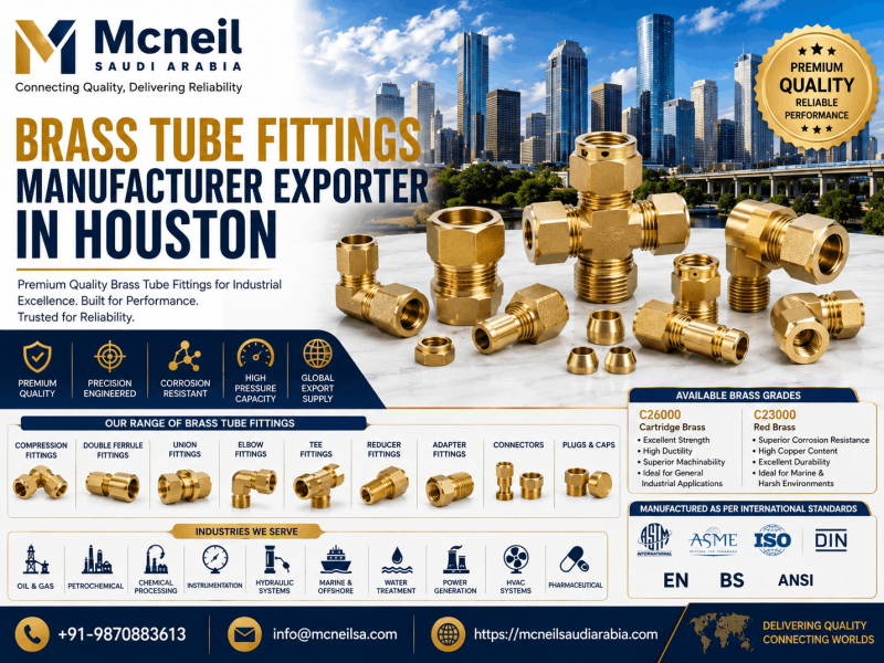 Brass Tube Fittings Manufacturer Exporter in Houston offering Brass C26000 and Brass C23000 Tube Fittings for oil & gas, petrochemical, instrumentation, hydraulic, and industrial applications by Mcneil Saudi Arabia.