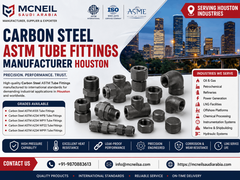 Carbon Steel ASTM Tube Fittings Manufacturer Houston offering ASTM A105, A234 WPB, WP11, WP22, and WP91 tube fittings for oil & gas, petrochemical, and industrial applications.