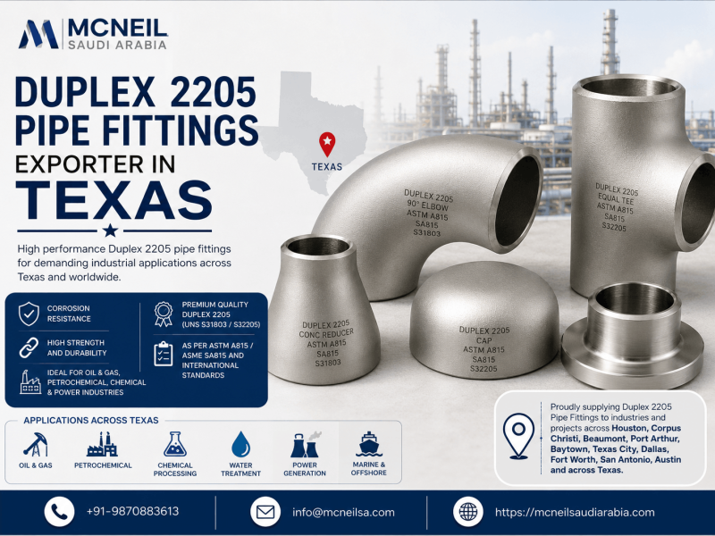 Duplex 2205 pipe fittings exporter in Texas for oil, gas, petrochemical and industrial applications