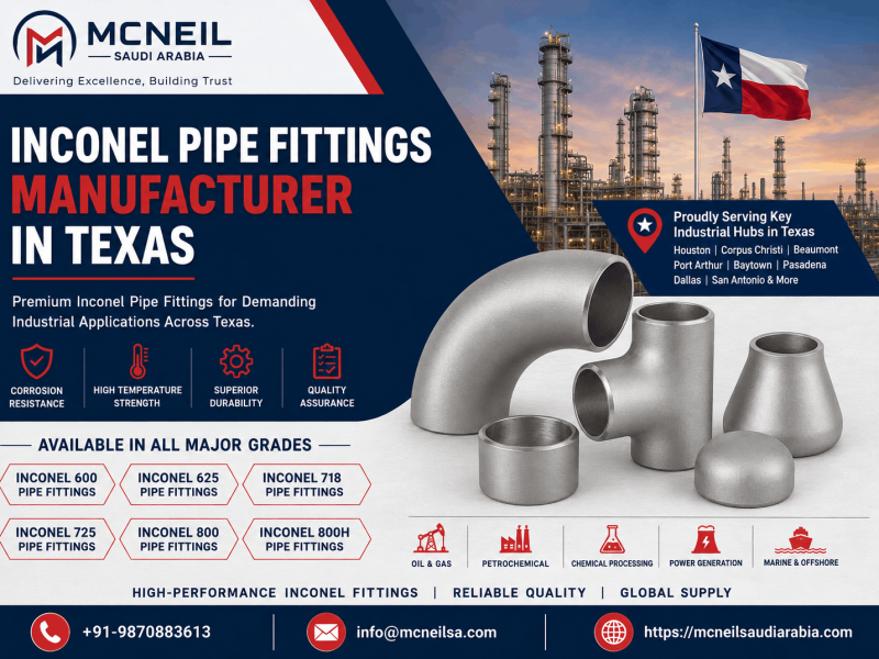 Inconel pipe fittings manufacturer in Texas featuring Inconel 600, 625, 718, 725, 800 and 800H