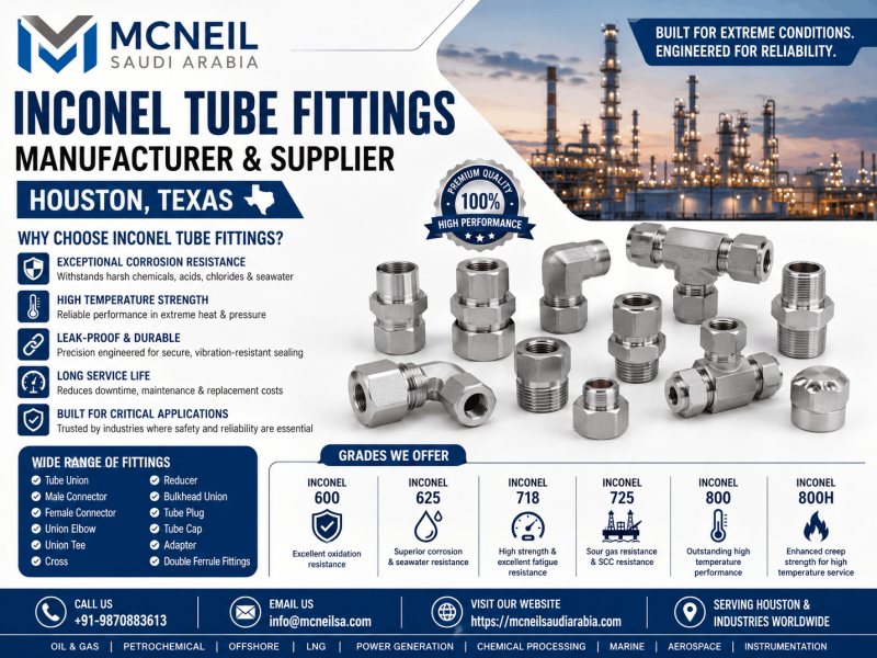 Inconel Tube Fittings Manufacturer & Supplier in Houston offering Inconel 600, 625, 718, 725, 800 and 800H compression, double ferrule and instrumentation tube fittings for oil & gas, petrochemical and offshore industries.