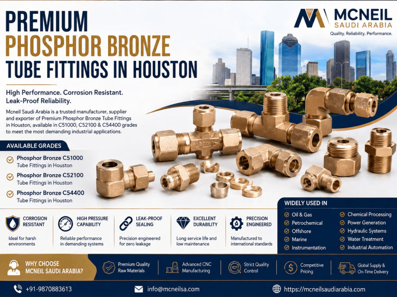 Premium Phosphor Bronze Tube Fittings in Houston including C51000, C52100, and C54400 grades manufactured by Mcneil Saudi Arabia for oil & gas, petrochemical, marine, and instrumentation applications.
