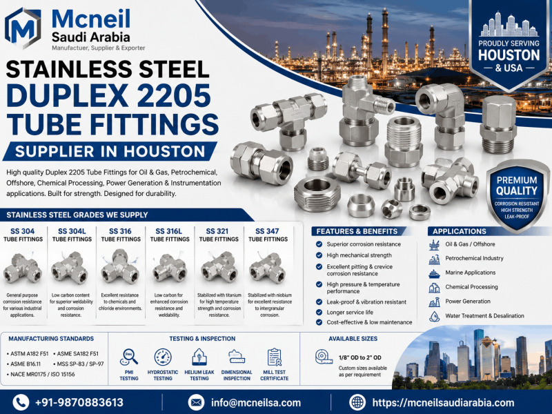 Stainless Steel Duplex 2205 Tube Fittings Supplier in Houston offering ASTM A182 F51 compression, instrumentation, and double ferrule fittings for oil & gas, petrochemical, offshore, and chemical processing industries.