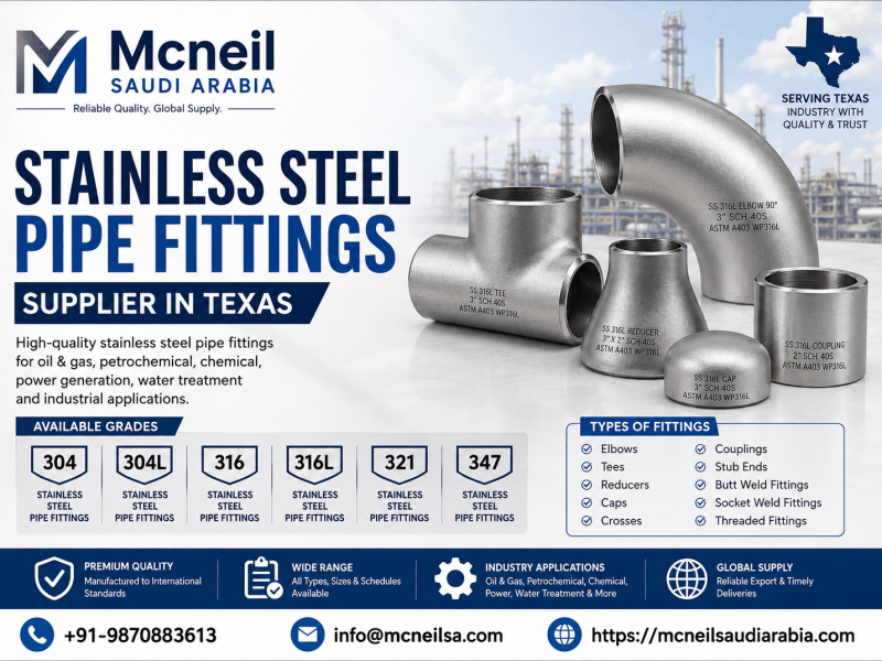 Stainless steel pipe fittings supplier in Texas offering 304, 304L, 316, 316L, 321 and 347 grades
