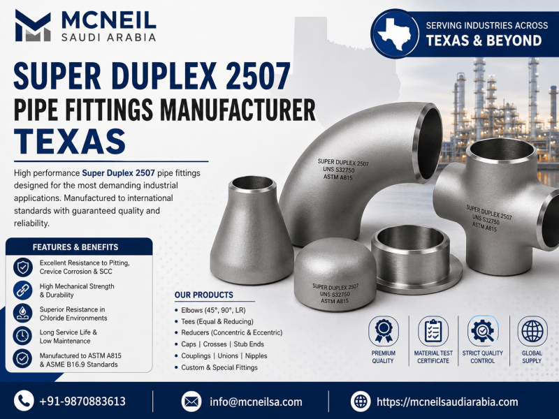 Super Duplex 2507 pipe fittings manufacturer in Texas, supplying quality UNS S32750 elbows, tees, reducers and other fittings for industrial use.