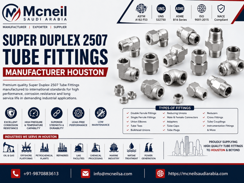 Super Duplex 2507 Tube Fittings Manufacturer Houston – ASTM A182 F53 UNS S32750 compression and instrumentation tube fittings by Mcneil Saudi Arabia for oil & gas, petrochemical, and offshore industries.