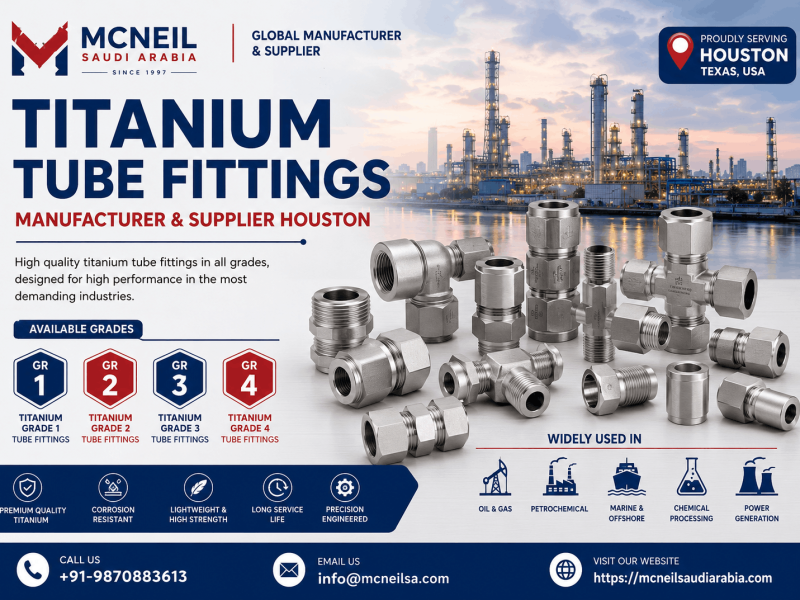 Titanium Tube Fittings Manufacturer & Supplier Houston offering Titanium Grade 1, Grade 2, Grade 3, and Grade 4 tube fittings for oil & gas, petrochemical, marine, and industrial applications.